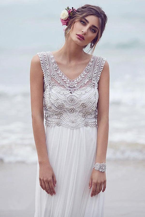 Beach Wedding Dresses A-line V-neck Short Train Sexy Bridal Gown WD526 by pgmdress