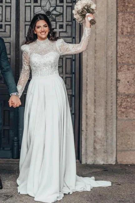 Beautiful A-line Long High Neck Lace Chiffon Wedding Dresses with Long Sleeves by misshow.com