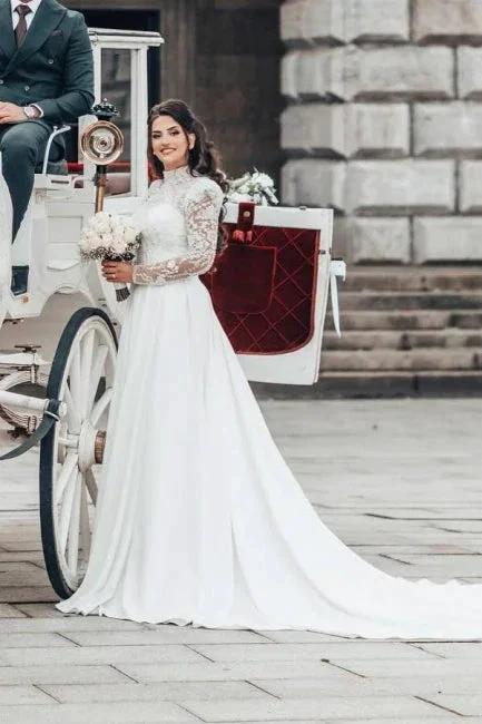 Beautiful A-line Long High Neck Lace Chiffon Wedding Dresses with Long Sleeves by misshow.com