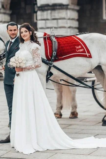 Beautiful A-line Long High Neck Lace Chiffon Wedding Dresses with Long Sleeves by misshow.com