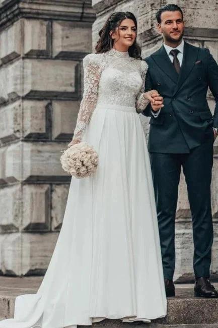 Beautiful A-line Long High Neck Lace Chiffon Wedding Dresses with Long Sleeves by misshow.com