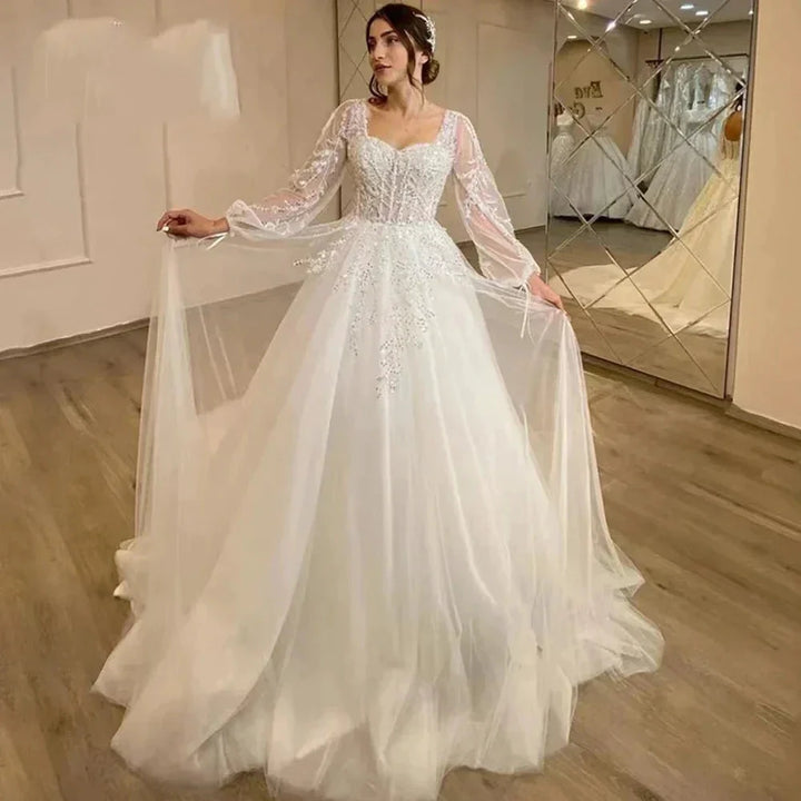 Beautiful Fluffy Long Sleeves Lace Appliques Square Neck Mopping Wedding Dresses White Fascinating Elegant Wedding Dresses Women by payinti