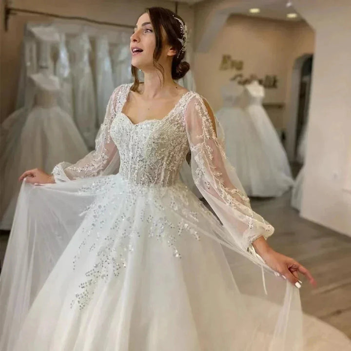 Beautiful Fluffy Long Sleeves Lace Appliques Square Neck Mopping Wedding Dresses White Fascinating Elegant Wedding Dresses Women by payinti