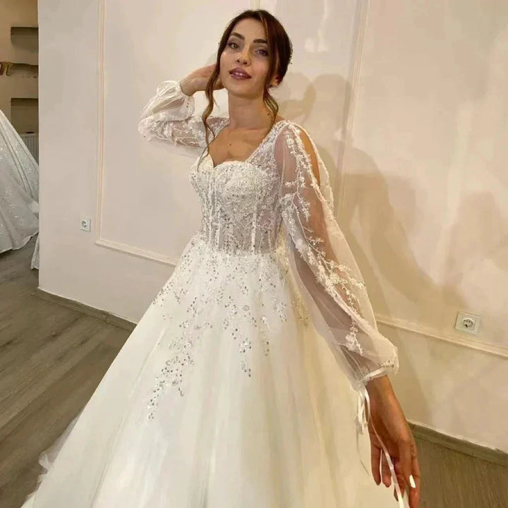Beautiful Fluffy Long Sleeves Lace Appliques Square Neck Mopping Wedding Dresses White Fascinating Elegant Wedding Dresses Women by payinti