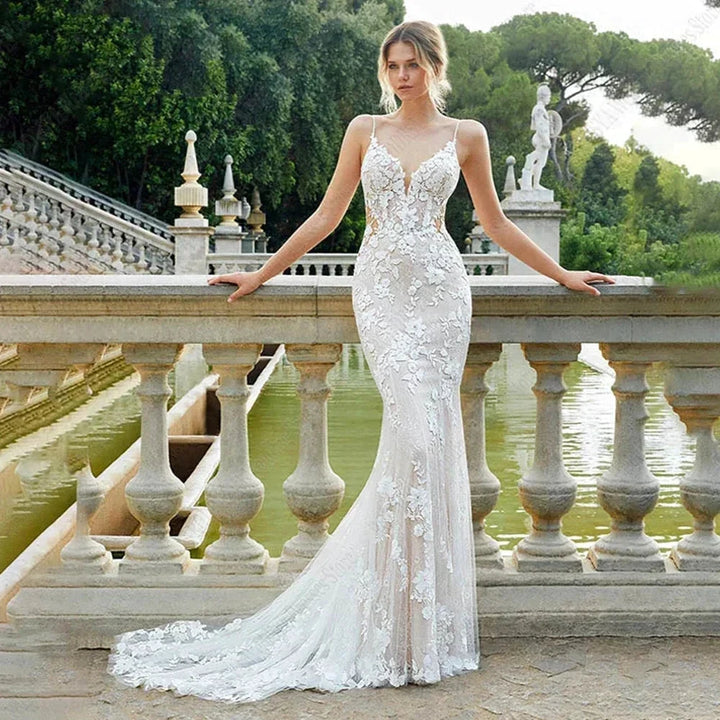 Beautiful Lace Sexy Off Shoulder Elegant Mermaid Sleeveless Deep V-neck Mop Wedding Dresses Strapless Bohemia Bridal Gowns by payinti