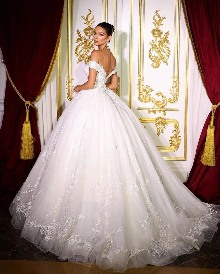 Beautiful Long A-line Off-the-shoulder V-neck Appliques Wedding Dress by misshow.com