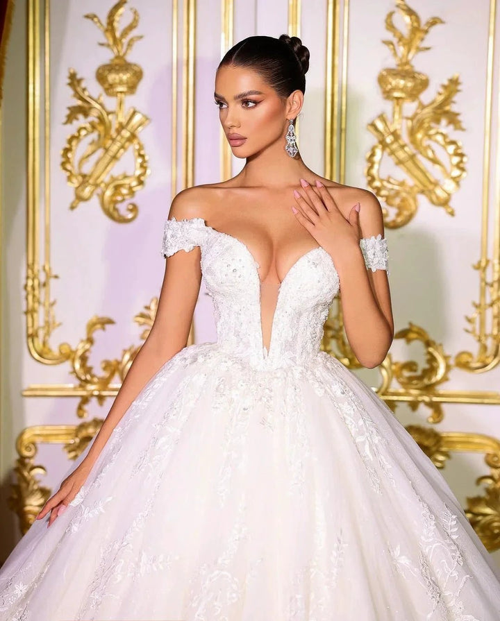 Beautiful Long A-line Off-the-shoulder V-neck Appliques Wedding Dress by misshow.com