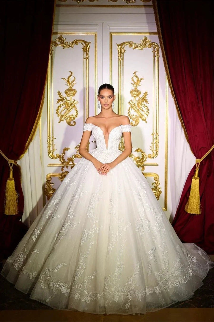 Beautiful Long A-line Off-the-shoulder V-neck Appliques Wedding Dress by misshow.com