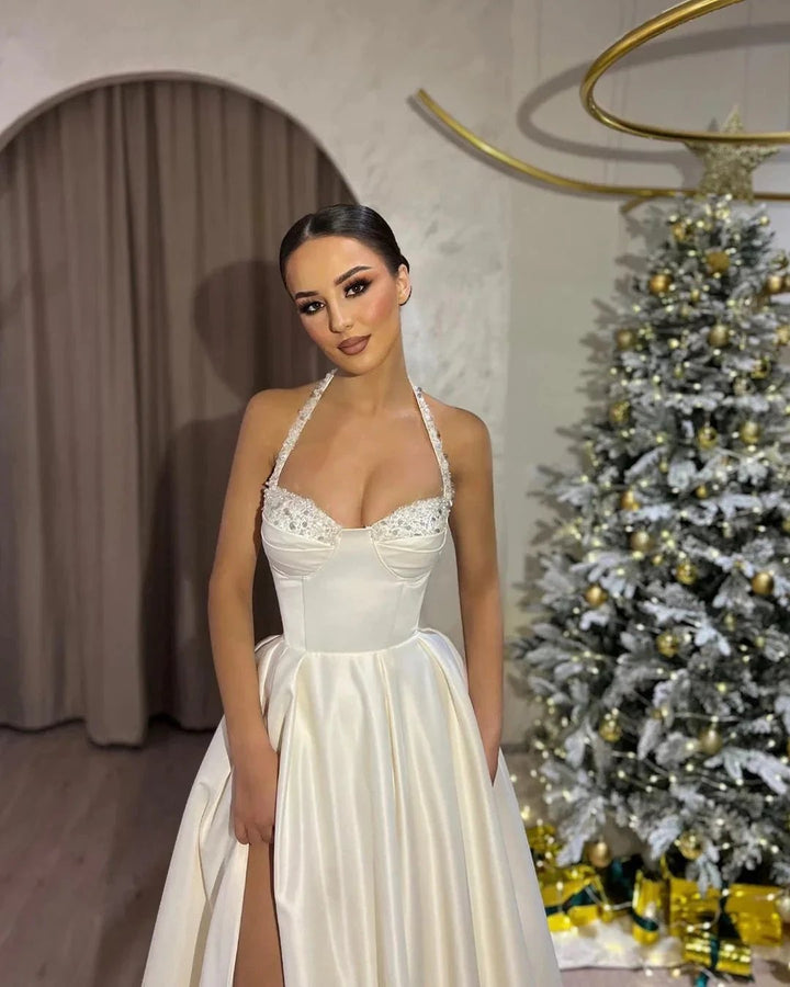 Beautiful Long Ivory A-line Halter Beading Sleeveless Wedding Dress With Slit by misshow.com