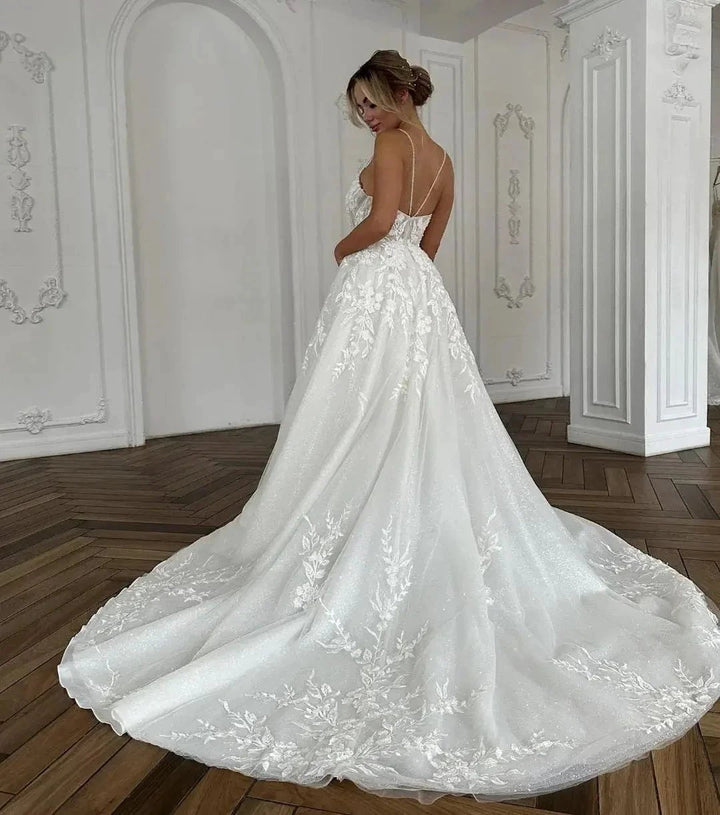 Beautiful Long Ivory A-line Spaghetti Straps V-neck Wedding Dress With Lace by misshow.com