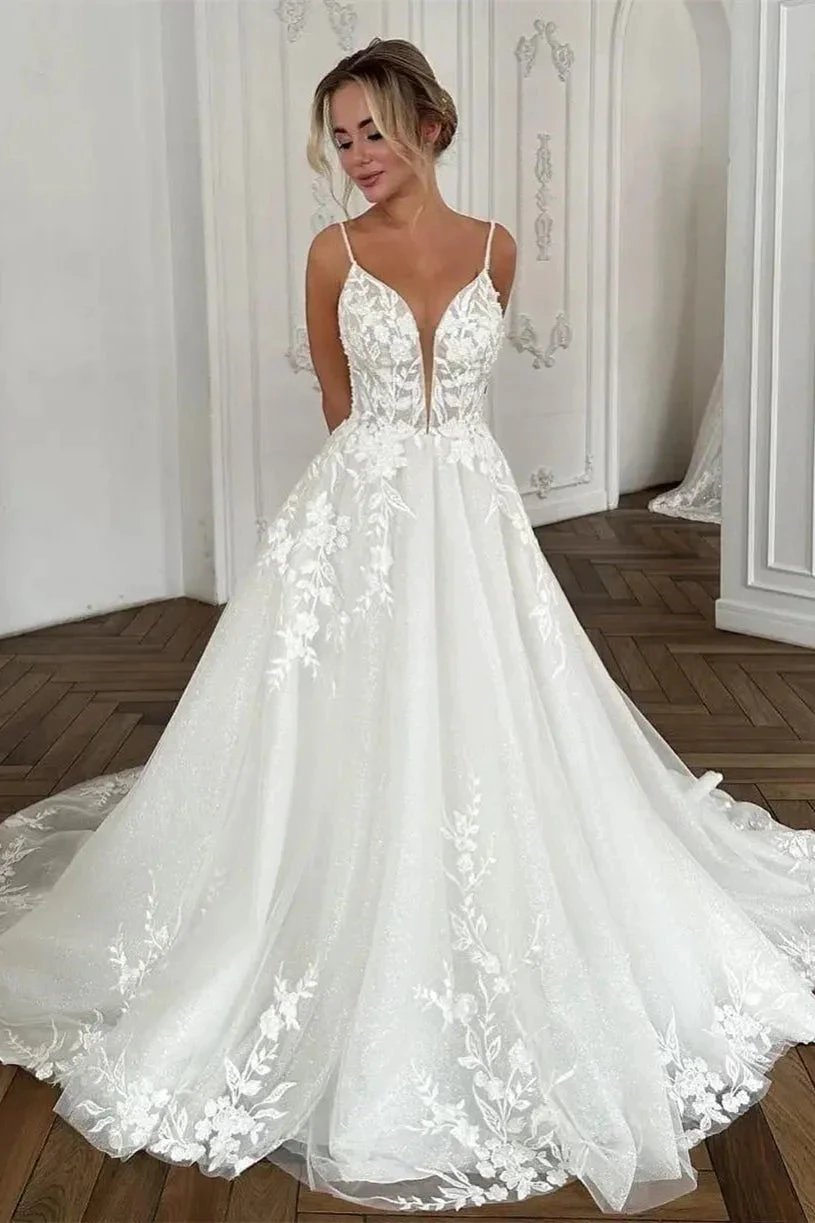 Beautiful Long Ivory A-line Spaghetti Straps V-neck Wedding Dress With Lace by misshow.com