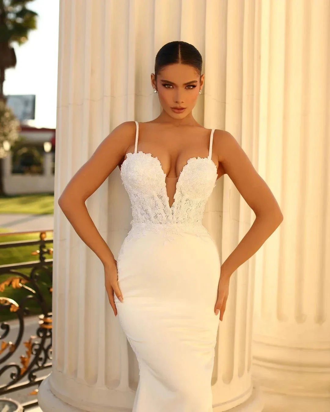 Beautiful Long Ivory Mermaid Spaghetti Straps Lace Satin Laced-up Wedding Dress by misshow.com