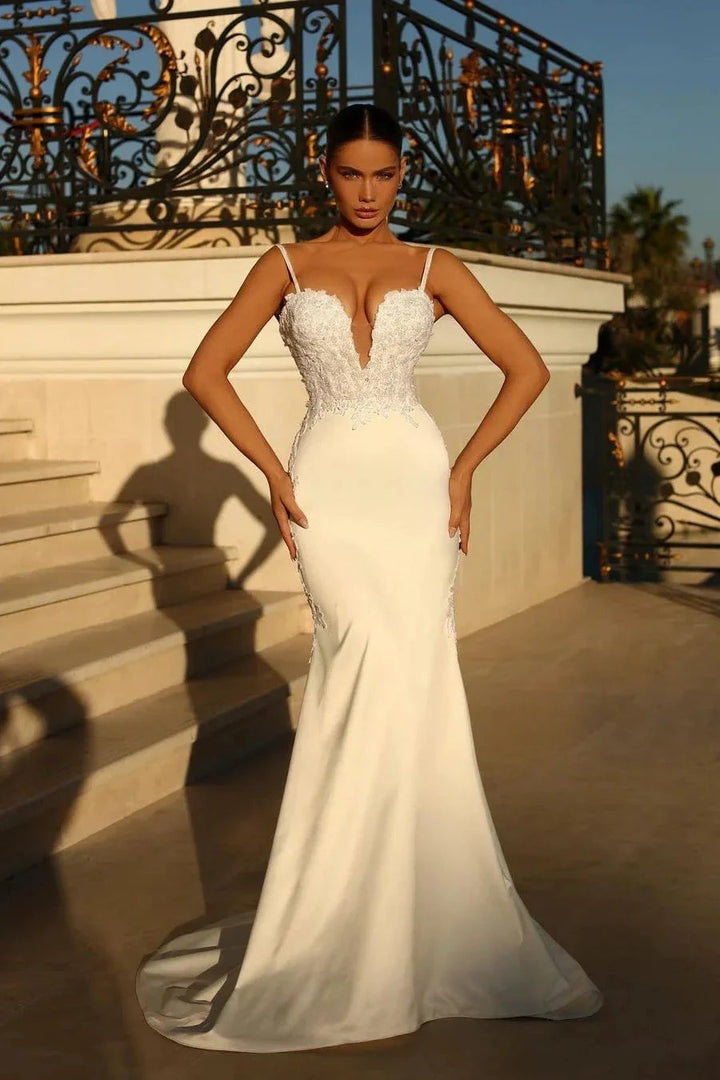 Beautiful Long Ivory Mermaid Spaghetti Straps Lace Satin Laced-up Wedding Dress by misshow.com