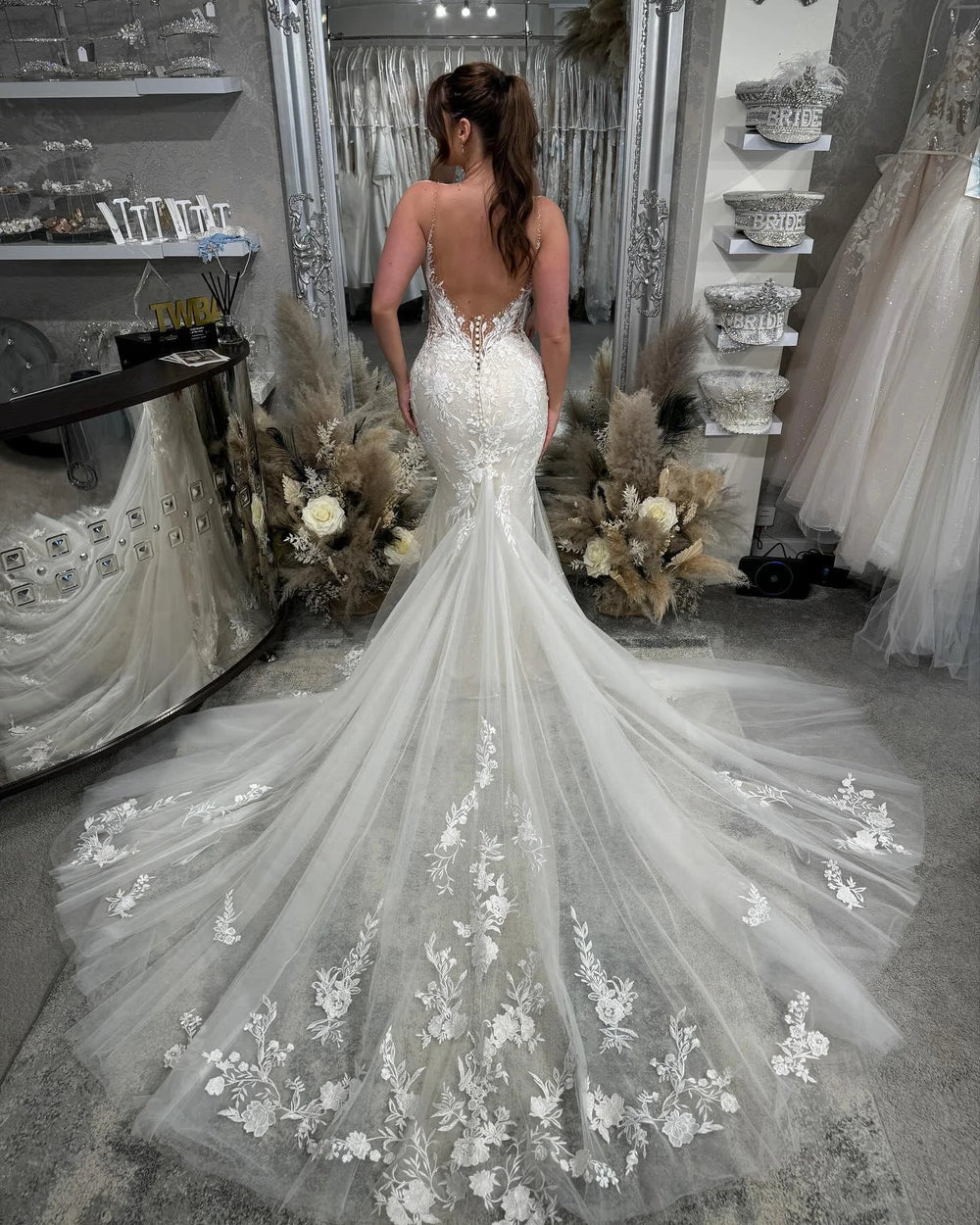 Beautiful Long Mermaid Spaghetti Straps V-neck White Wedding Dresses With Lace by misshow.com