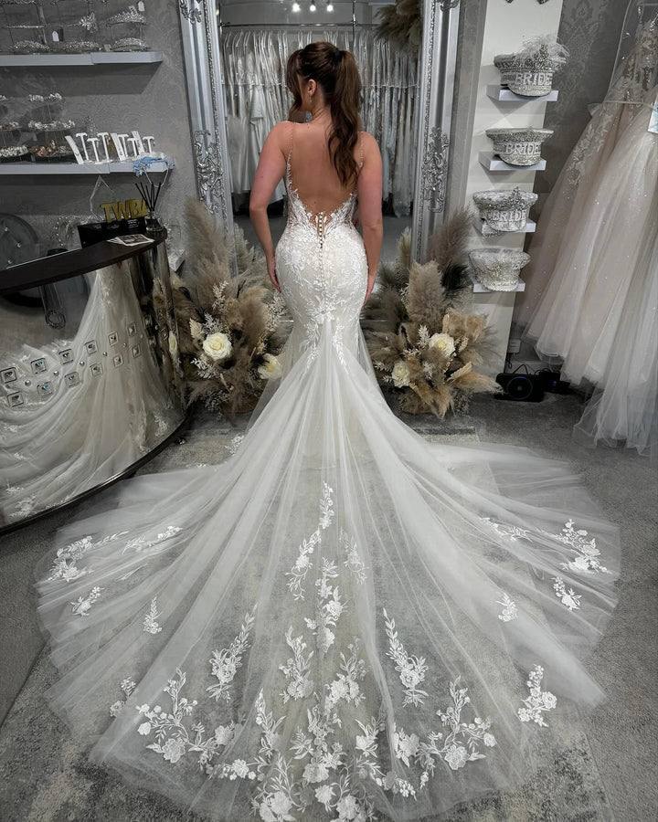 Beautiful Long Mermaid Spaghetti Straps V-neck White Wedding Dresses With Lace by misshow.com