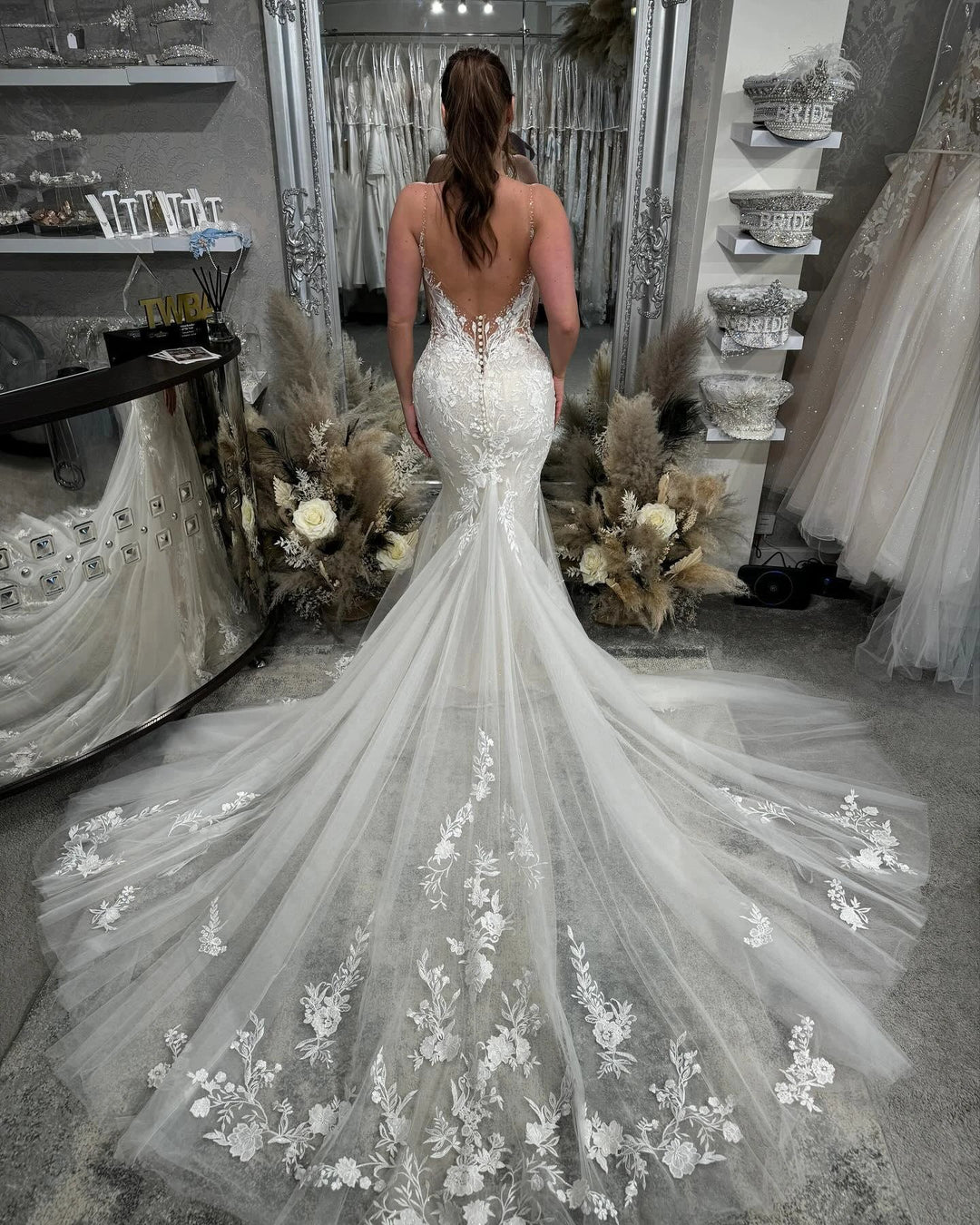 Beautiful Long Mermaid Spaghetti Straps V-neck White Wedding Dresses With Lace by misshow.com