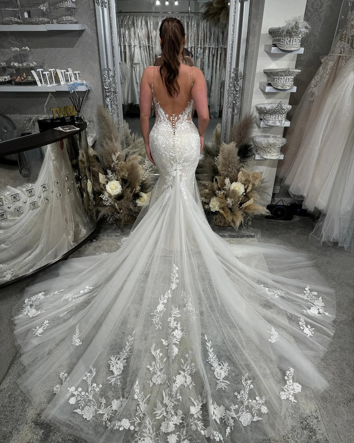 Beautiful Long Mermaid Spaghetti Straps V-neck White Wedding Dresses With Lace by misshow.com