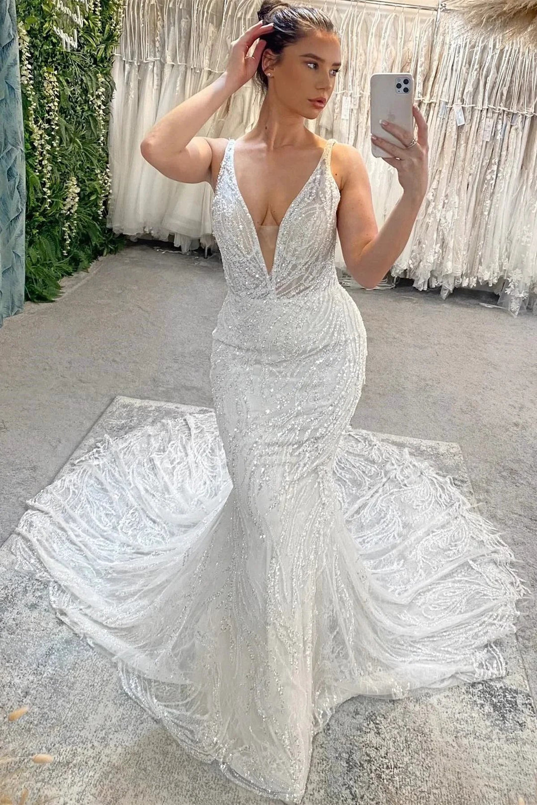 Beautiful Long Mermaid V-neck Beading Sleeveless Backless Wedding Dress With Lace by misshow.com