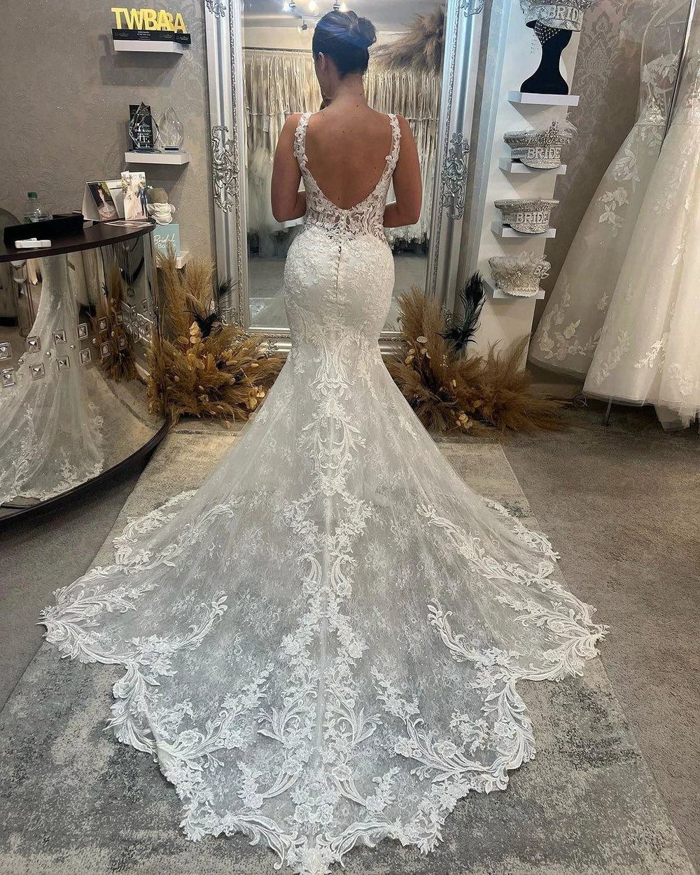 Beautiful Long Mermaid V-neck Sleeveless Lace Backless Wedding Dress by misshow.com
