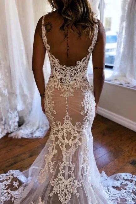 Beautiful Long Mermaid V-neck Sleeveless Lace Backless Wedding Dress with Train by misshow.com