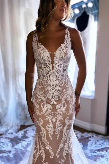 Beautiful Long Mermaid V-neck Sleeveless Lace Backless Wedding Dress with Train by misshow.com