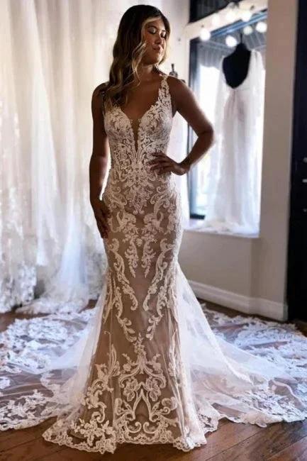 Beautiful Long Mermaid V-neck Sleeveless Lace Backless Wedding Dress with Train by misshow.com