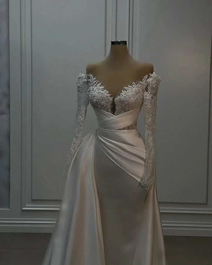 Beautiful Long White A-line Lace Satin Wedding Dress With Long Sleeves by misshow.com