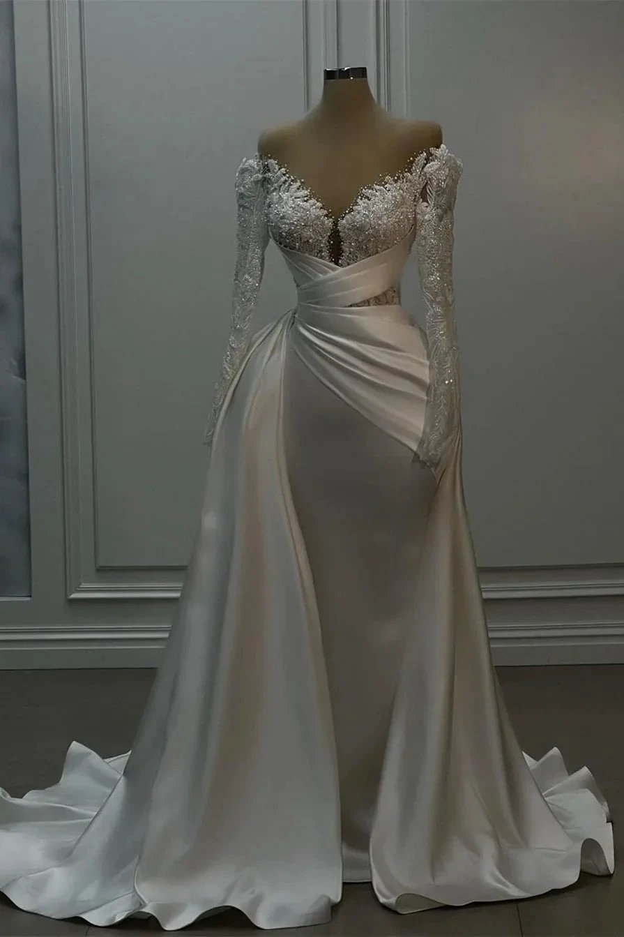 Beautiful Long White A-line Lace Satin Wedding Dress With Long Sleeves by misshow.com