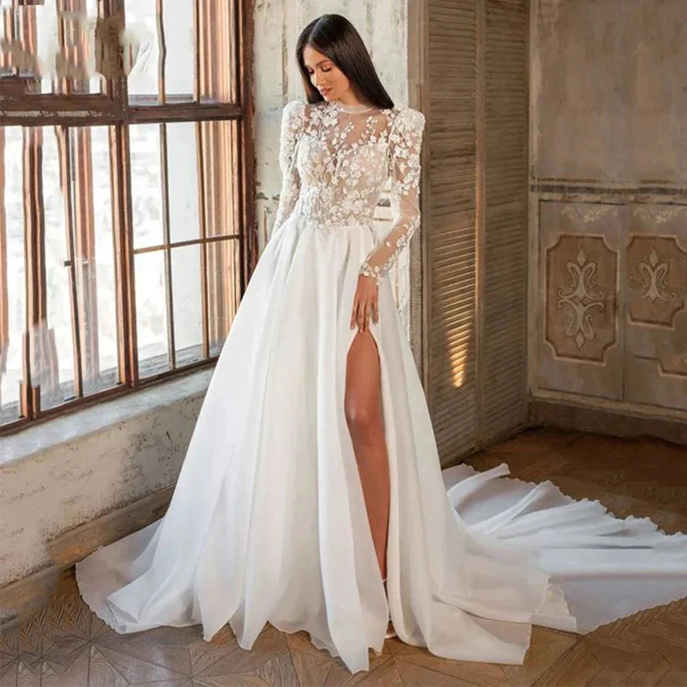 Beautiful Luxury Bohemian High Fork Wedding Dresses A-Line High Neck Lace Tulle Beach Bridal Gown Long Sleeves Sweep Train New by payinti