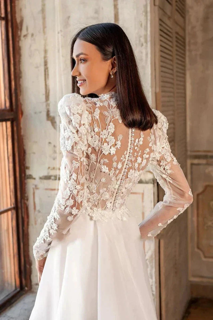 Beautiful Luxury Bohemian High Fork Wedding Dresses A-Line High Neck Lace Tulle Beach Bridal Gown Long Sleeves Sweep Train New by payinti