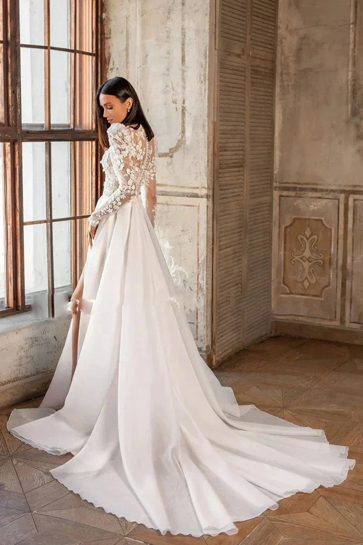 Beautiful Luxury Bohemian High Fork Wedding Dresses A-Line High Neck Lace Tulle Beach Bridal Gown Long Sleeves Sweep Train New by payinti