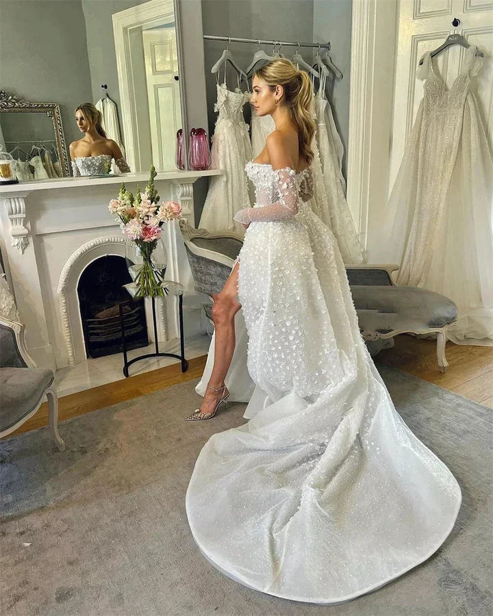 Beautiful Sexy Long Sleeved Wedding Dresses Spaghetti Straps Simple White Backless Pleat High Split Princess Bride Gowns 2024 by payinti