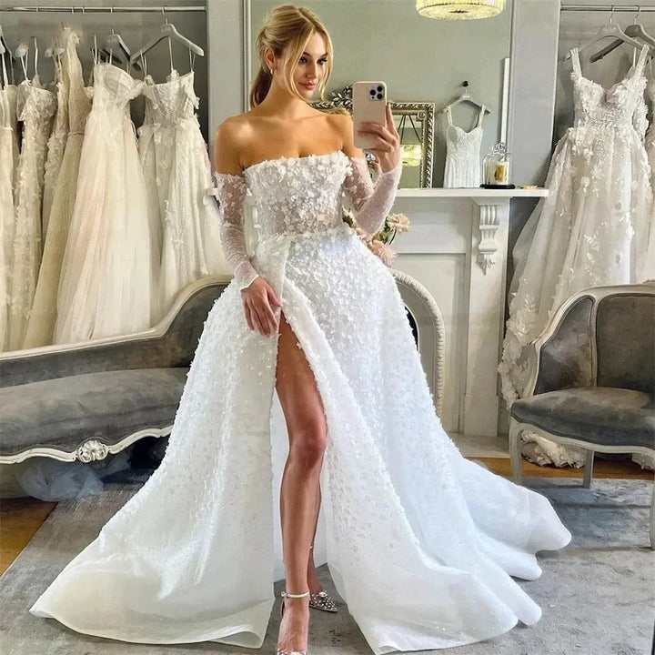 Beautiful Sexy Long Sleeved Wedding Dresses Spaghetti Straps Simple White Backless Pleat High Split Princess Bride Gowns 2024 by payinti