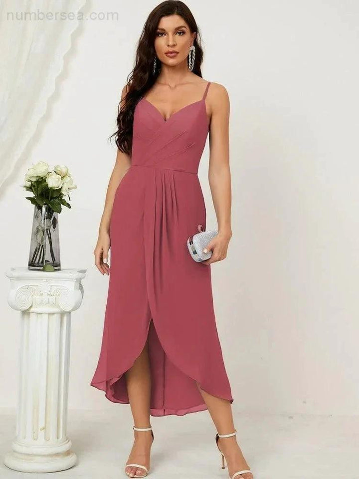 Numbersea Spaghetti Chiffon V Neck Bridesmaid Dress Mid-Length Slit Formal Prom Dress Homecoming Dress 2803 by numbersea