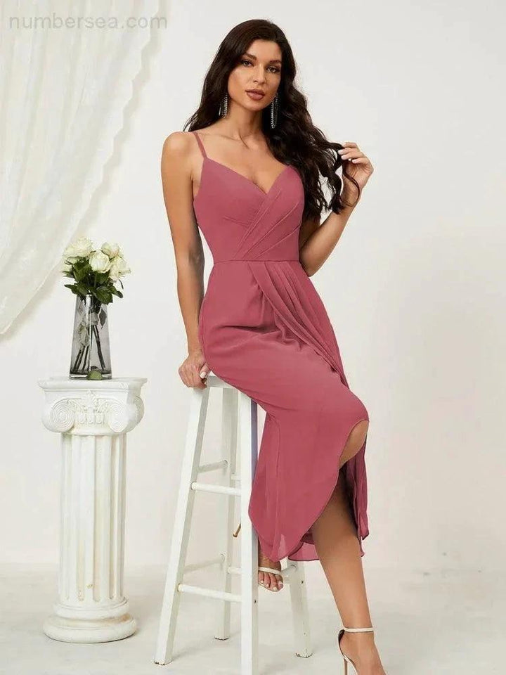 Numbersea Spaghetti Chiffon V Neck Bridesmaid Dress Mid-Length Slit Formal Prom Dress Homecoming Dress 2803 by numbersea