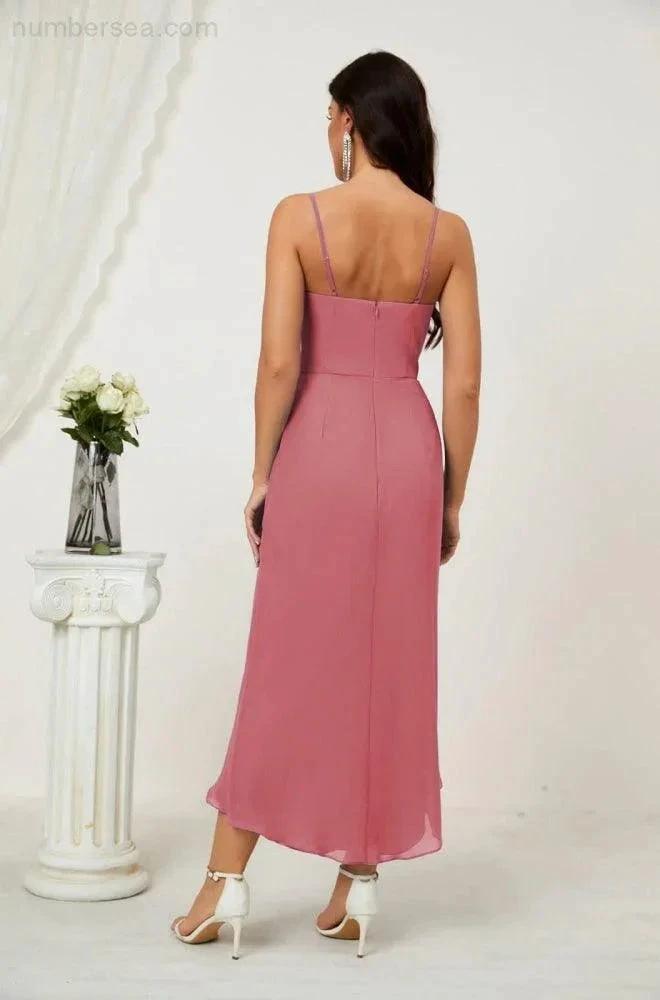 Numbersea Spaghetti Chiffon V Neck Bridesmaid Dress Mid-Length Slit Formal Prom Dress Homecoming Dress 2803 by numbersea