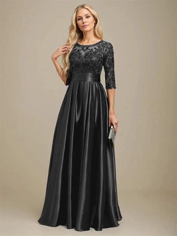 A-line Scoop Illusion Floor-Length Stretch Satin Lace Mother of the Bride Dress With Bow Sequins by Dreamylily
