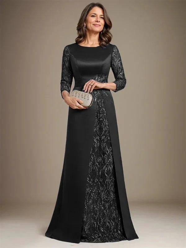 A-Line Scoop Floor-Length Lace Satin Mother Of the Bride Dress With Applique by Dreamylily