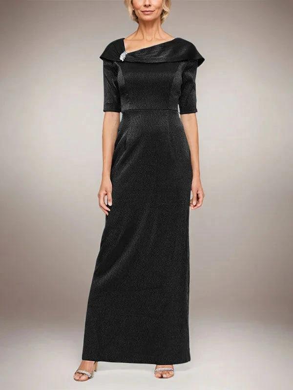 Long Shimmer Column Dress with Foldover Cuff L-Neckline and Elbow Sleeves by Dreamylily
