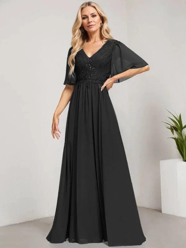 A-line V-Neck Floor-Length Lace Chiffon Mother of the Bride Dress With Sequins by Dreamylily