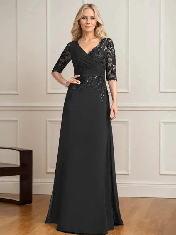 A-line V-Neck Floor-Length Lace Chiffon Mother of the Bride Dress With Pleated Sequins by Dreamylily
