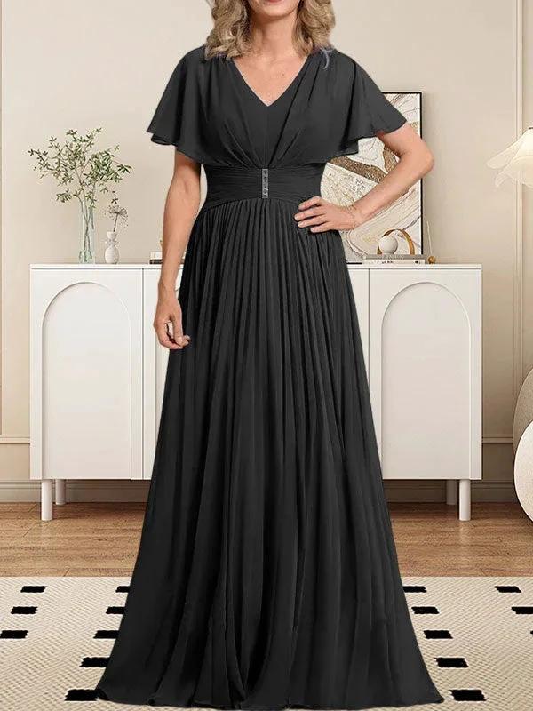 A-line V-Neck Floor-Length Chiffon Mother of the Bride Dress With Crystal Brooch Pleated by Dreamylily