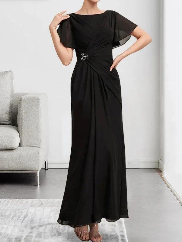 A-line Scoop Ankle-Length Chiffon Mother of the Bride Dress With Beading Pleated by Dreamylily