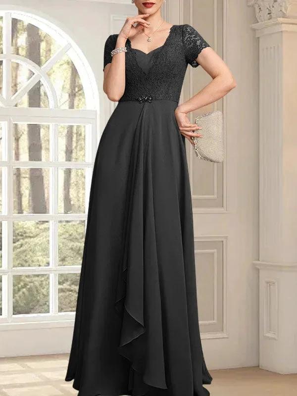 A-line Sweetheart Floor-Length Chiffon Lace Mother of the Bride Dress With Beading Cascading Ruffles by Dreamylily