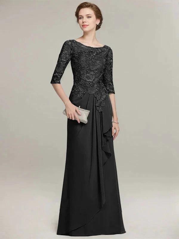 A-line Scoop Illusion Floor-Length Lace Chiffon Mother of the Bride Dress With Cascading Ruffles by Dreamylily