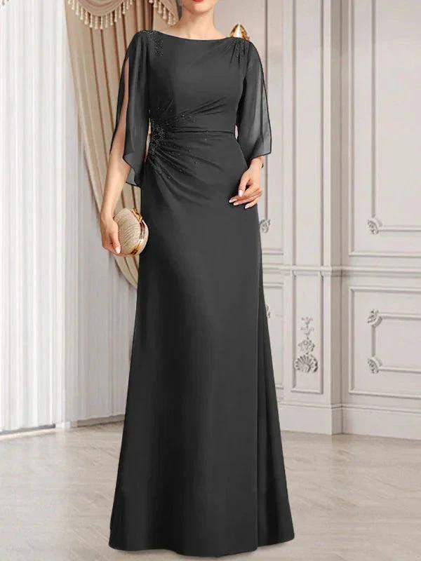Sheath/Column Scoop Floor-Length Chiffon Mother of the Bride Dress With Pleated Beading by Dreamylily