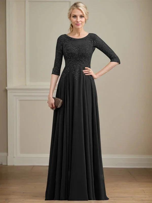 A-line Scoop Illusion Floor-Length Lace Chiffon Mother of the Bride Dress With Sequins by Dreamylily