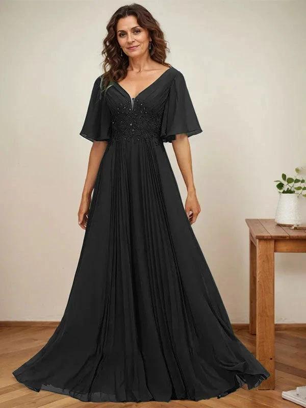 A-line V-Neck Floor-Length Chiffon Mother of the Bride Dress With Sequins Appliques Lace Pleated by Dreamylily