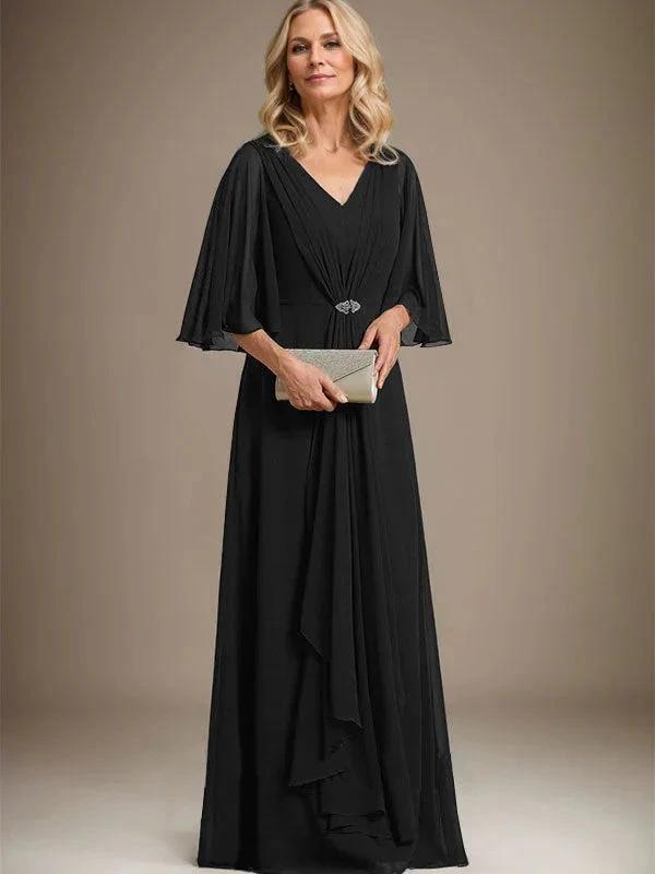 A-line V-Neck Floor-Length Chiffon Mother of the Bride Dress With Cascading Ruffles Crystal Brooch by Dreamylily