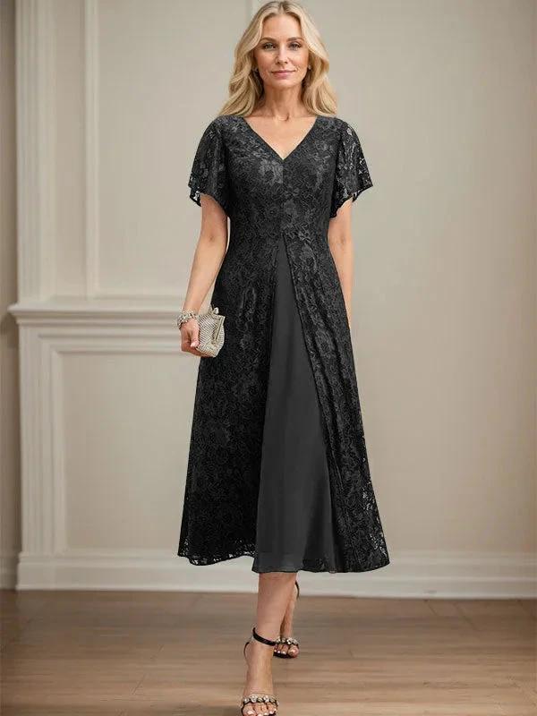 A-line V-Neck Tea-Length Lace Chiffon Mother of the Bride Dress by Dreamylily